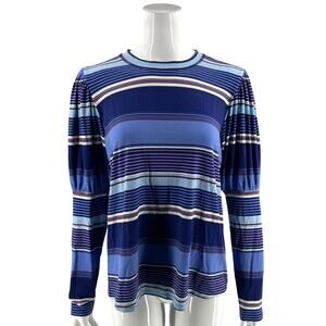 Diane Gilman DG2 Womens Top Size Large Blue White Striped Ribbed Puff Sleeve